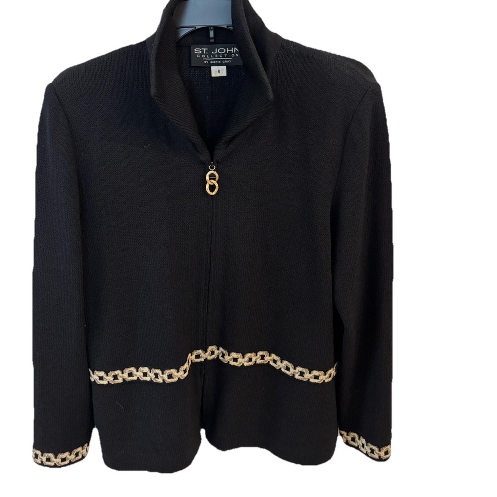 St.John Collection Marie Gray Red Black Gold Knit Blazer & Pants Suit Size 6 & 8